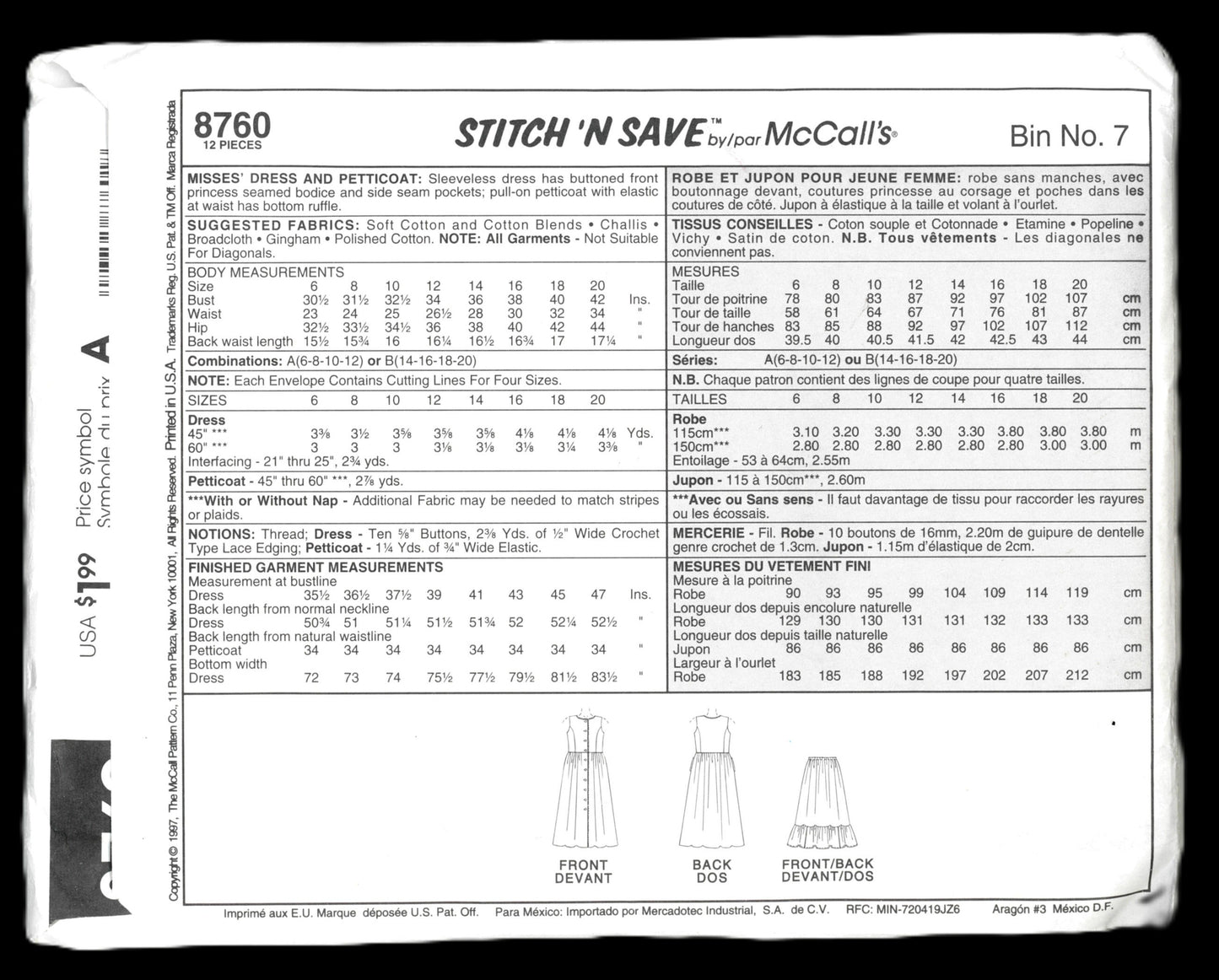 McCalls Stitch n Save 8760 Misses Dress and Petticoat Sewing Pattern - UNCUT - Size 6 8 10 12