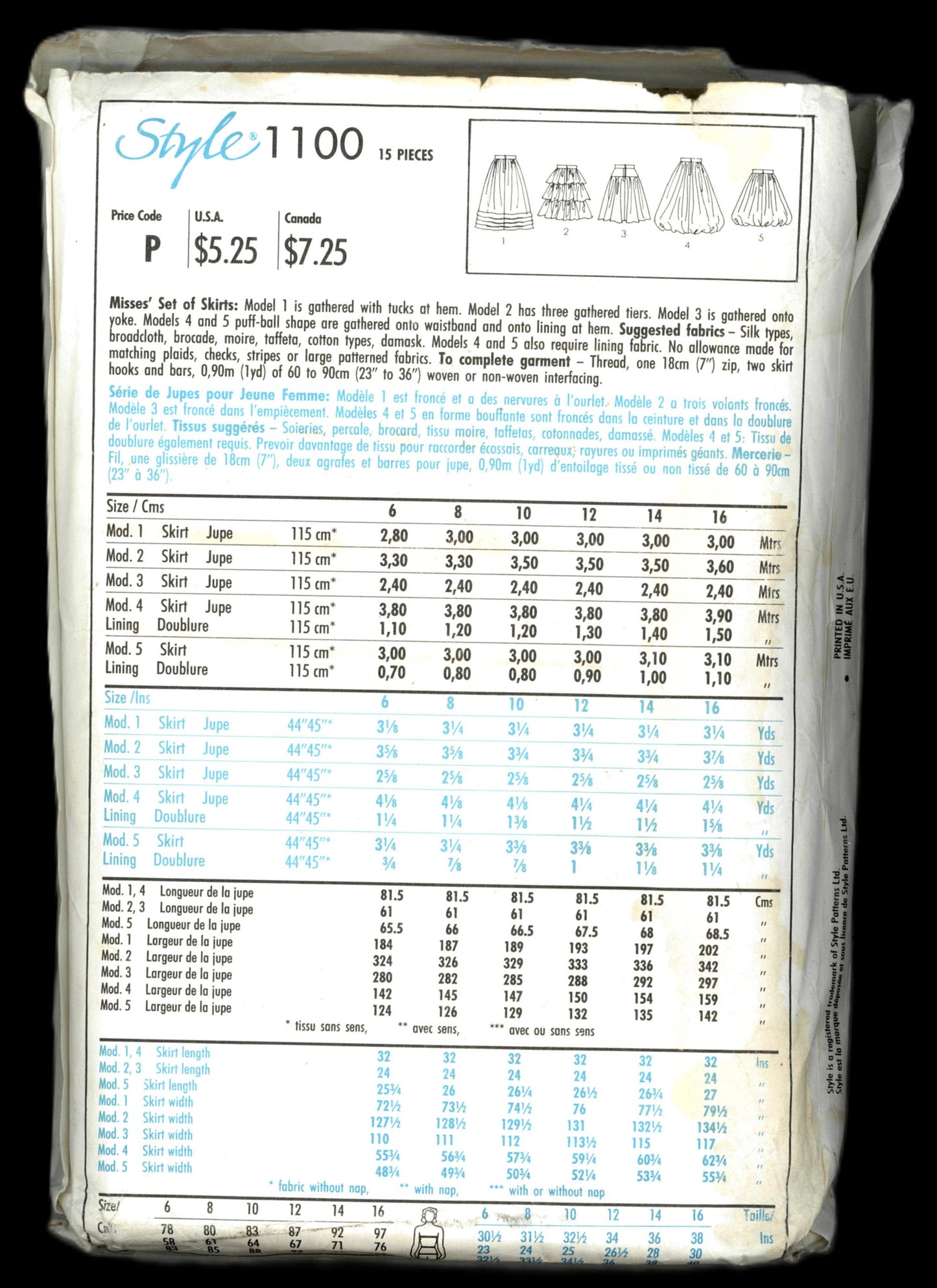 Style 1100 Misses Skirt Set of Skirts Sewing Pattern UNCUT Size 10 - 16
