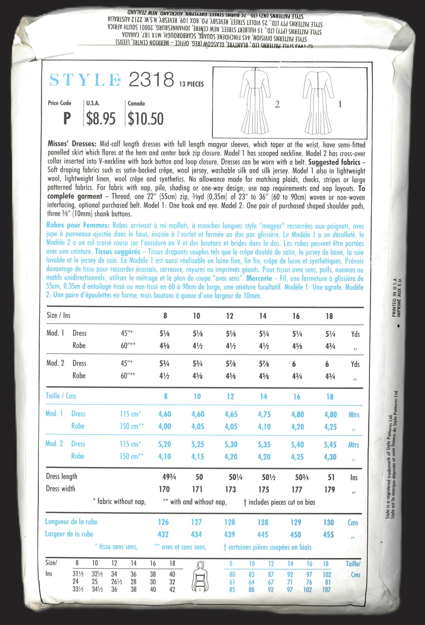 Style 2318 Misses Dresses Sewing Pattern - UNCUT - Size 8 - 18