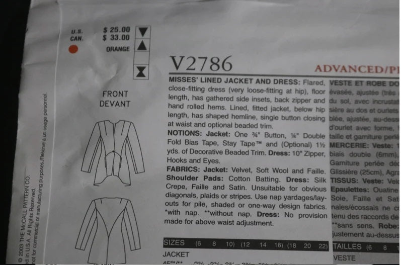 40s Vogue 2786 Misses Lined Jacket and Dress Reproduction Sewing Pattern - UNCUT - Size 12 14 16