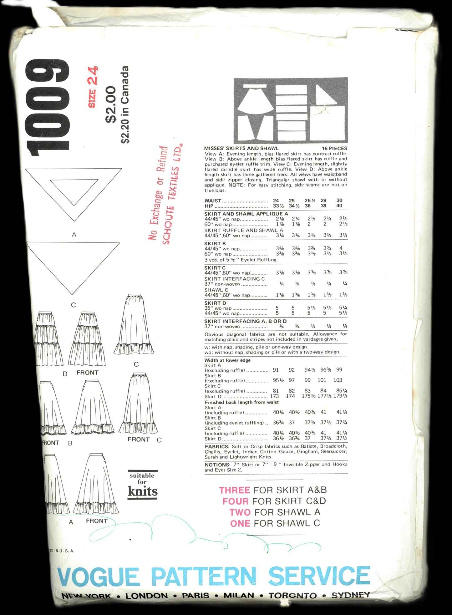 70s Vogue 1009 Misses Skirts and Shawl Sewing Pattern - UNCUT - Size 24