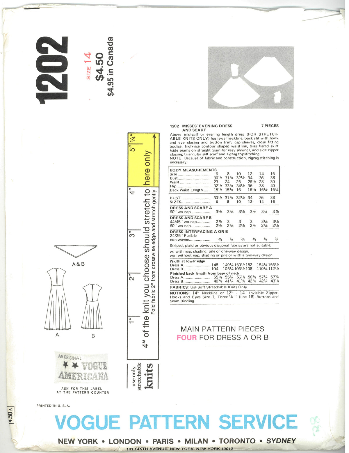 Vogue 1202 Leo Narducci Misses Evening Dress and Scarf Sewing Pattern - UNCUT - Size 14