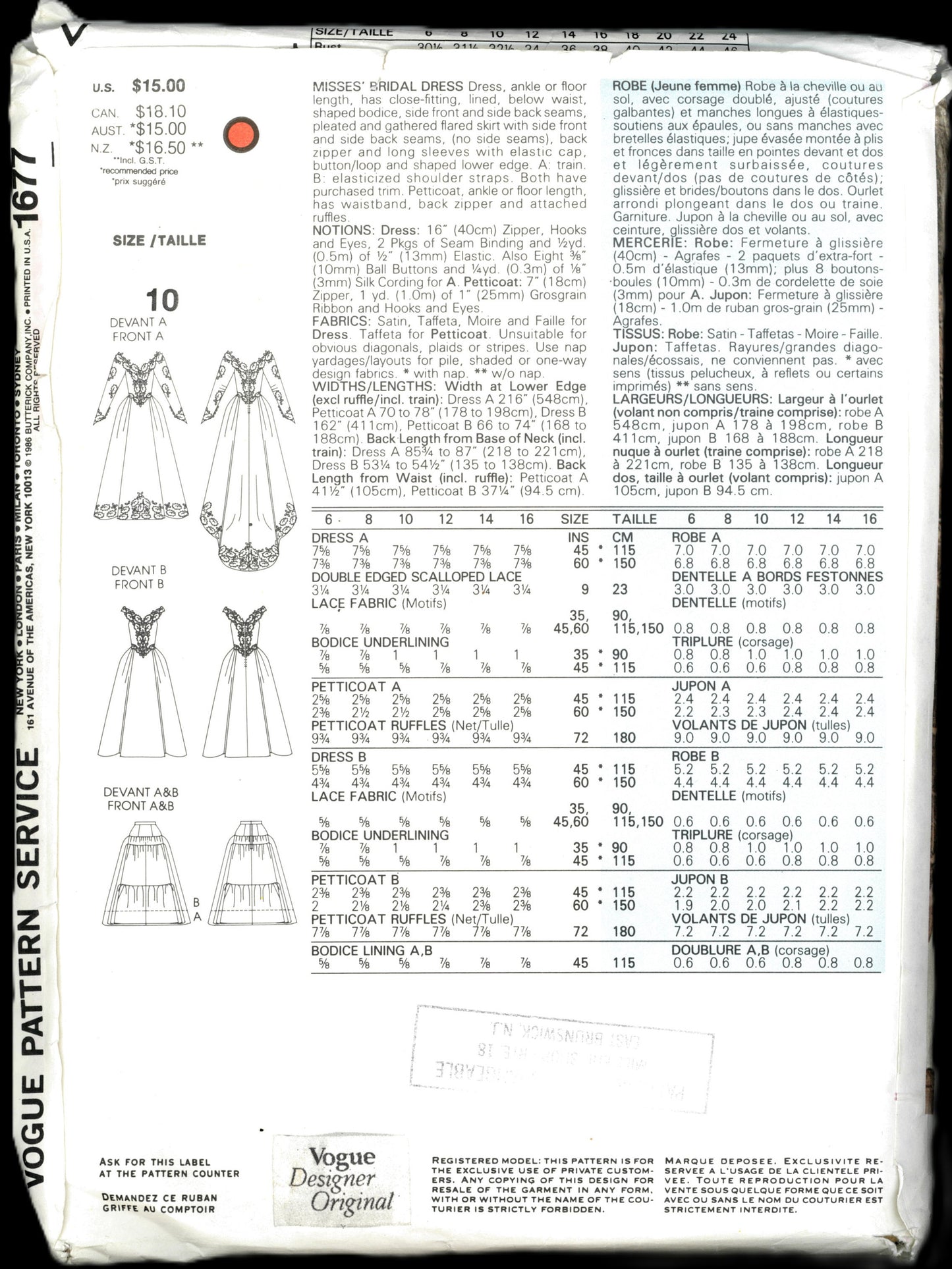 Vogue 1677 Misses Bridal Dress Sewing Pattern - UNCUT - Size 10 Vogue Bridal Original wedding Dress Pattern