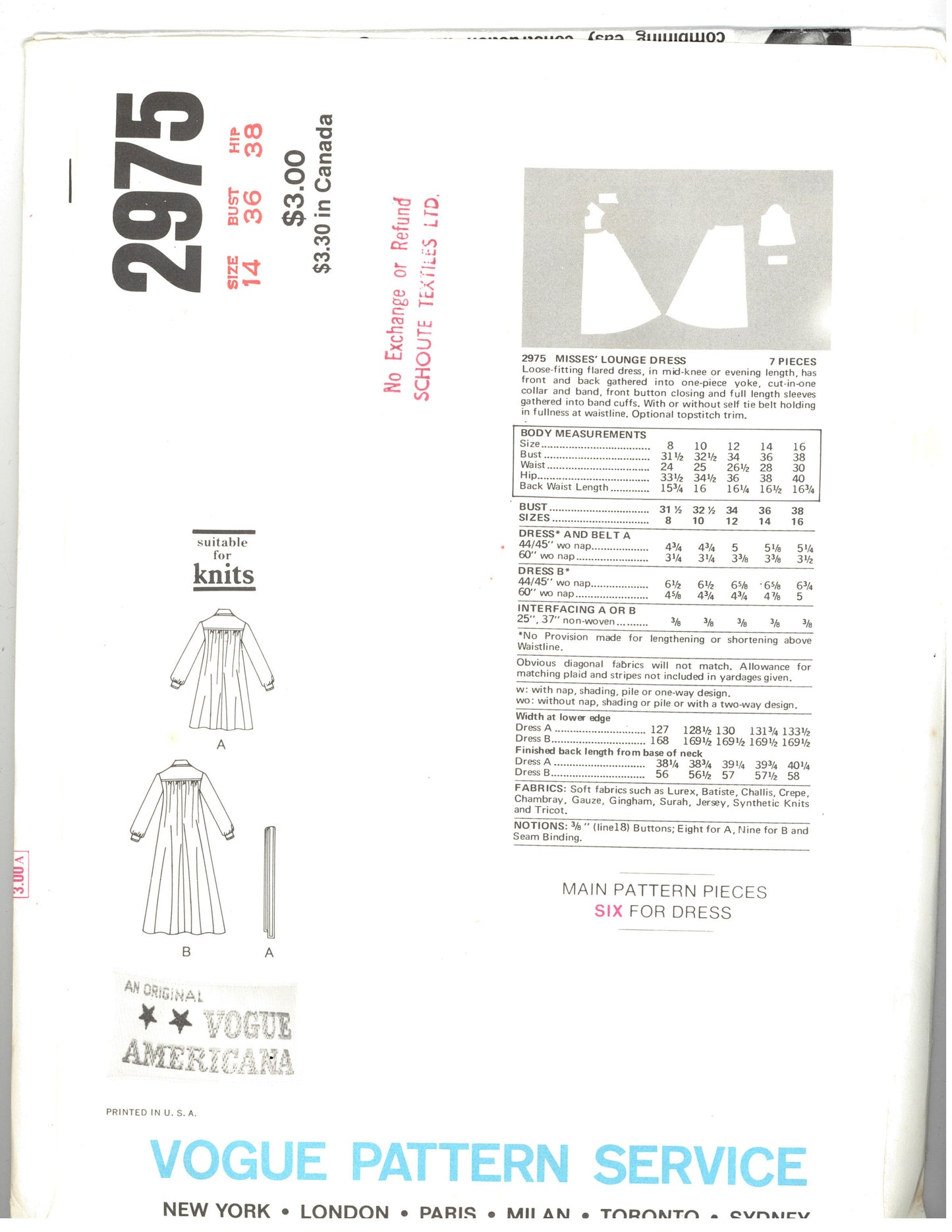 Vogue 2975 Stan Herman Misses Lounge Dress Sewing Pattern - UNCUT - Size 14 Bust 36 Hip 38