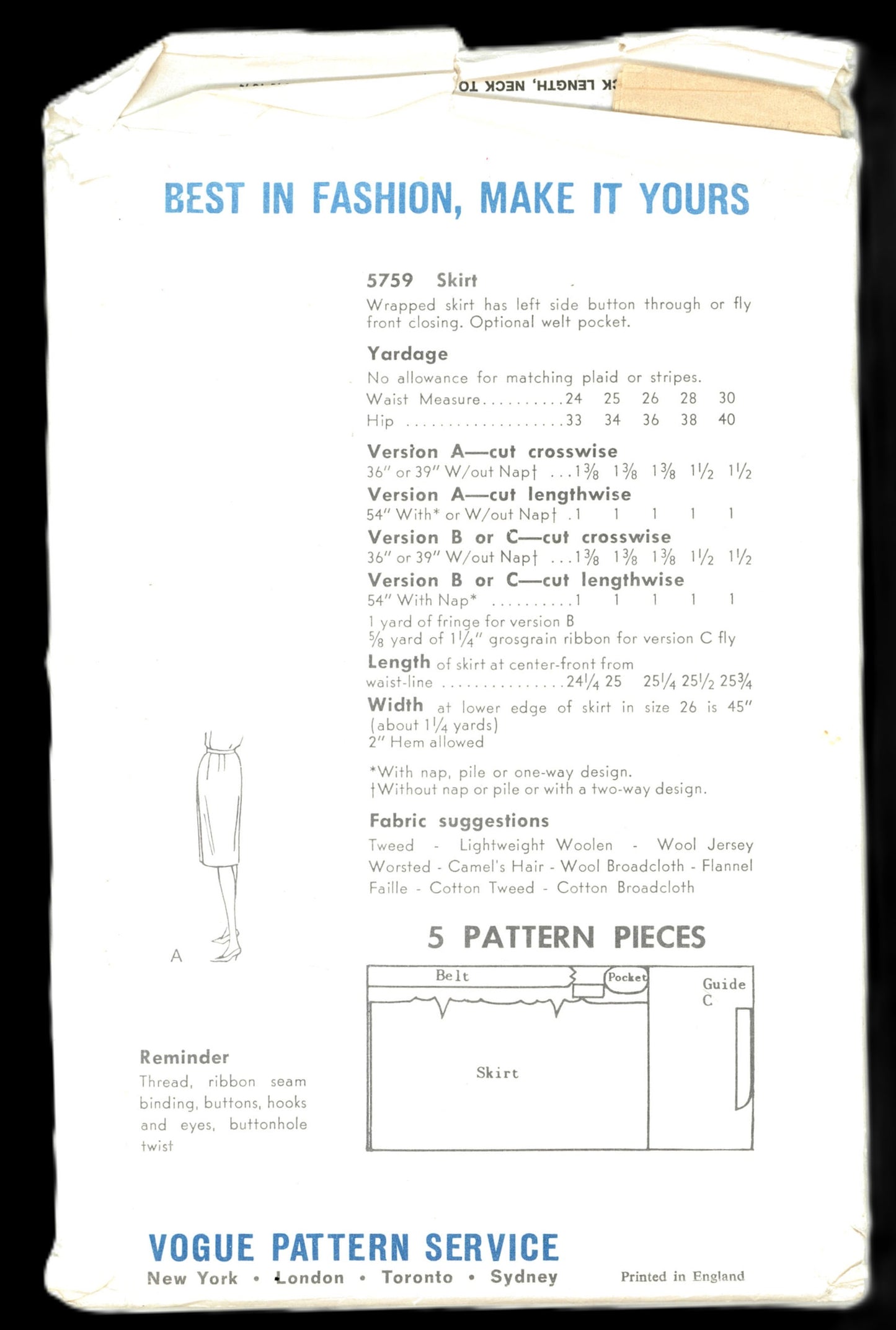 60s Vogue 5759 Misses Skirt Unprinted Sewing Pattern UNCUT Waist Size 25 Hip 34