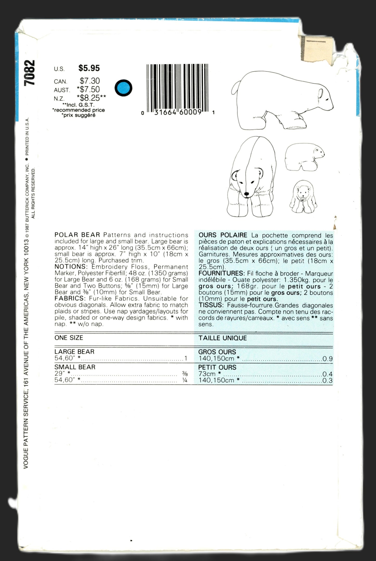 Vogue 7082 Linda Carr Polar Bear Sewing Pattern UNCUT