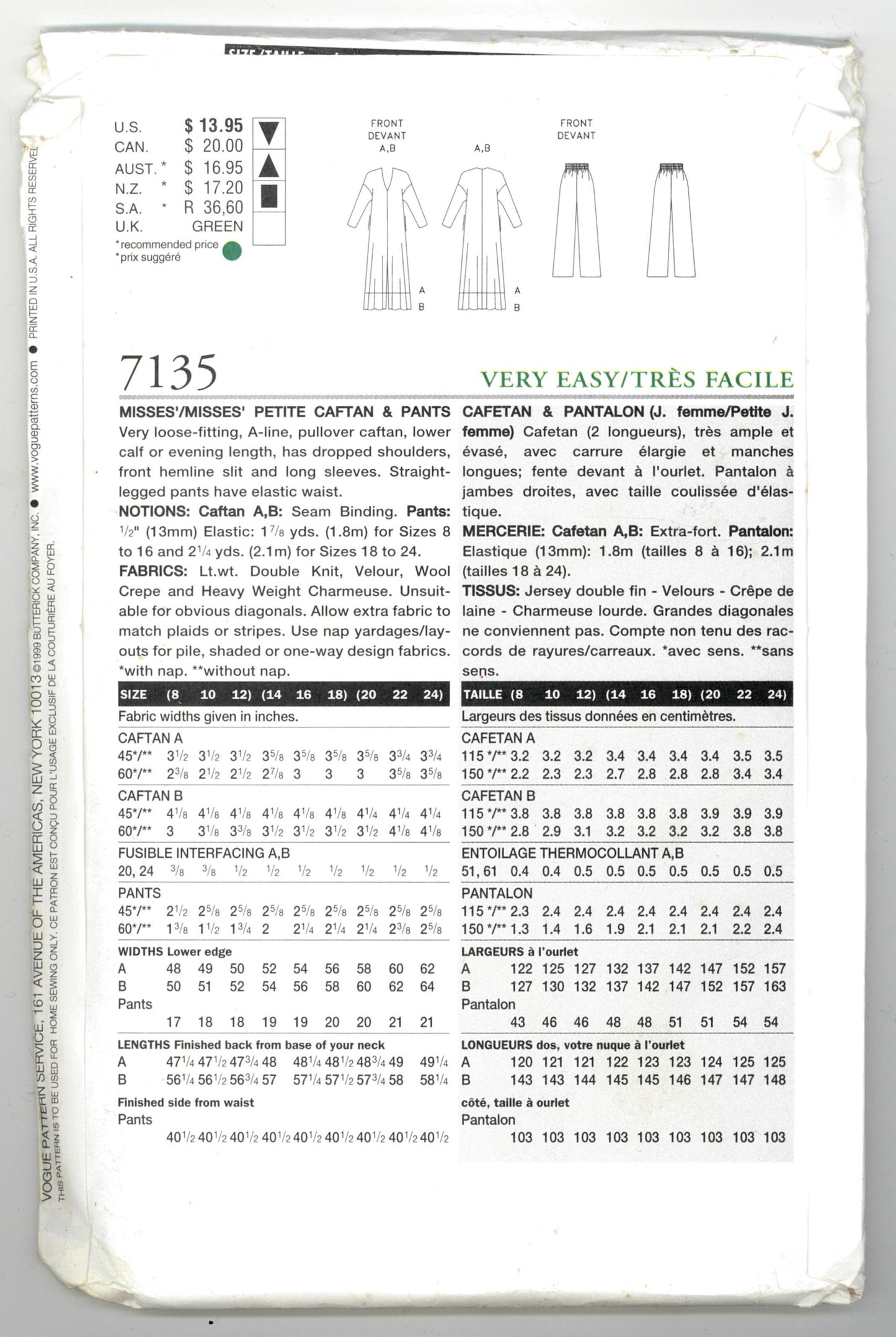 Vogue 7135 Koko Beall Misses/ Misses Petite Caftan and Pants Sewing Pattern UNCUT Size 8 10 12