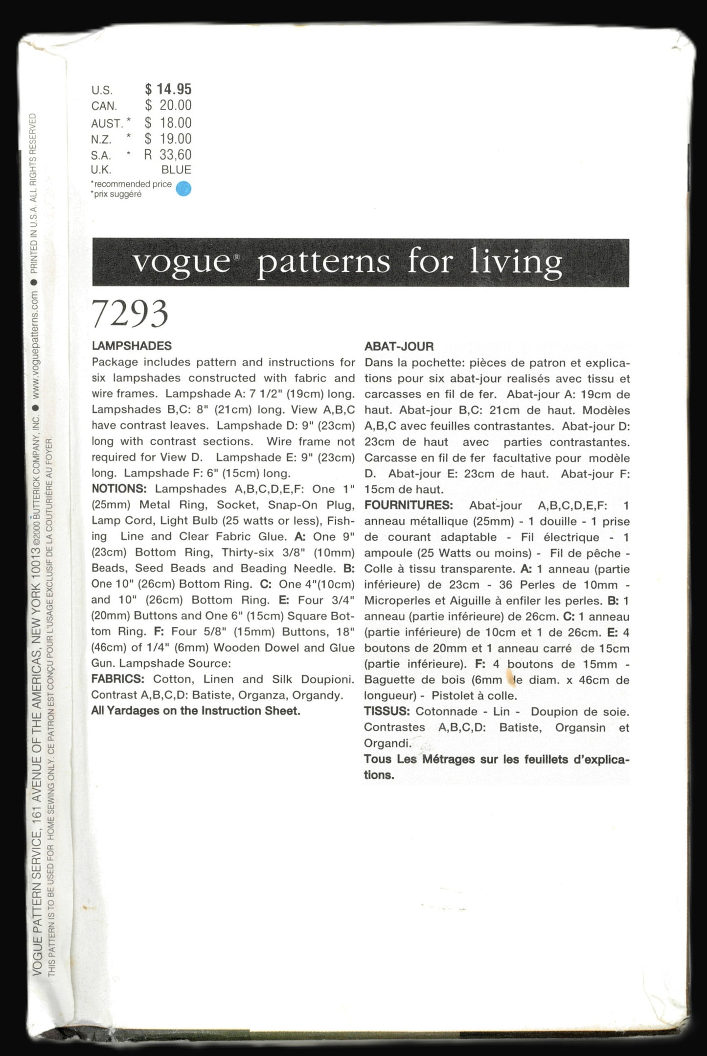 Vogue 7293 Patterns for Living Lampshades Sewing Pattern - UNCUT