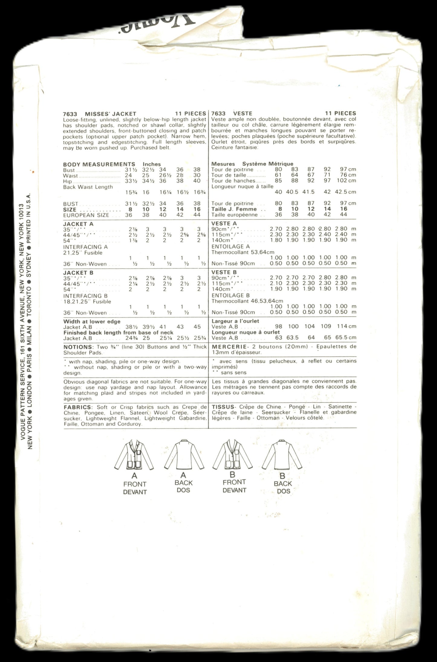 Vogue 7633 Misses Jacket Sewing Pattern - UNCUT - Size 10