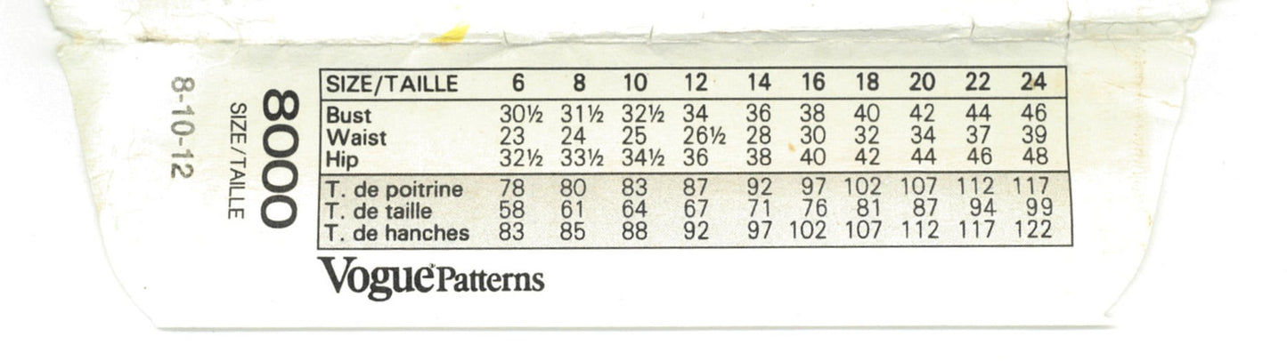 Vogue 8000 Misses Top and Skirt Sewing Pattern - UNCUT - 8 10 12