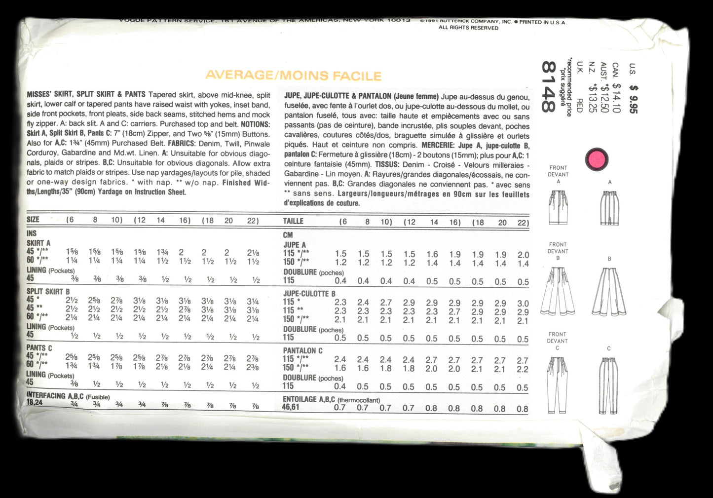 Vogue 8148 Misses Skirt Split Skirt and Pants Sewing Pattern - UNCUT - Size 12 14 16