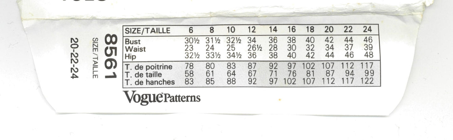 Vogue 8561 Misses Dress Sewing Pattern UNCUT Size 20 22 24