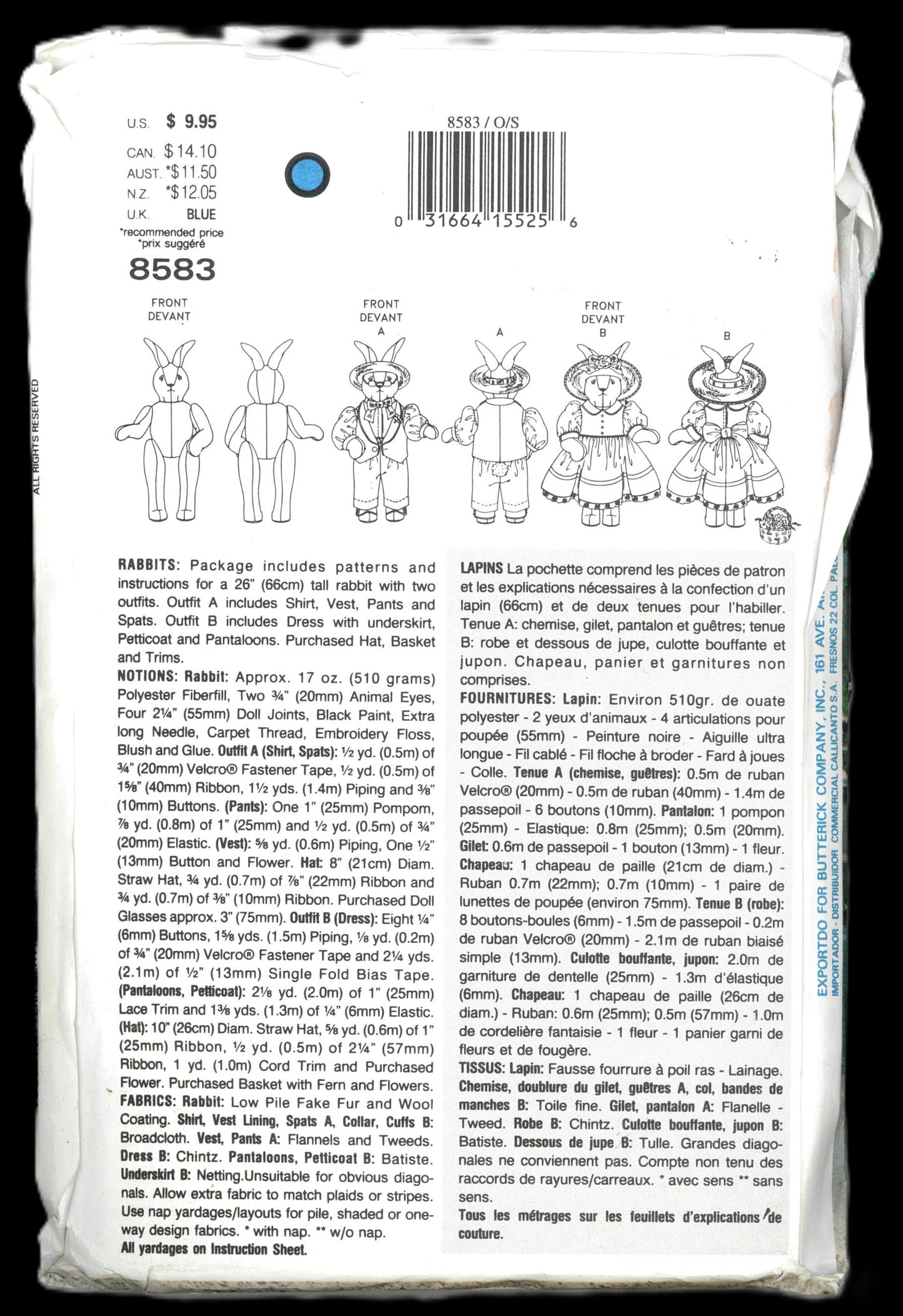Vogue 8583 Linda Carr Rabbits Sewing Pattern UNCUT
