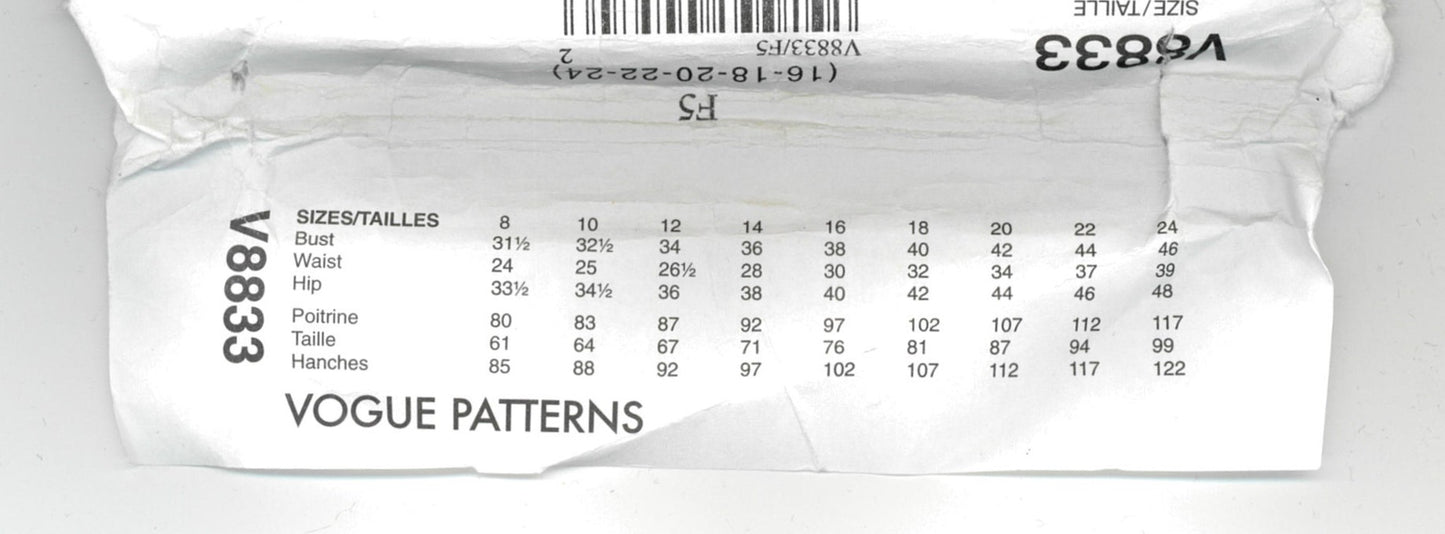 Vogue Options 8833 Misses Blouse Sewing Pattern - UNCUT - Size 16 18 20 22 24