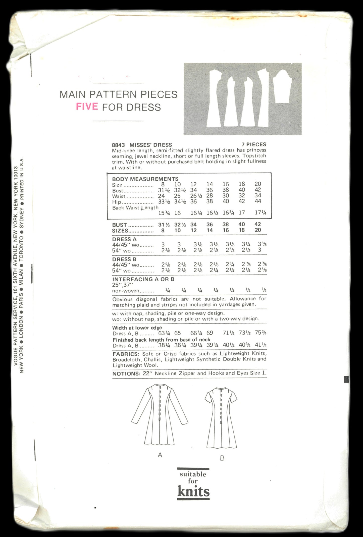 70s Vogue 8843 Misses Dress Sewing Pattern - UNCUT - Size 18