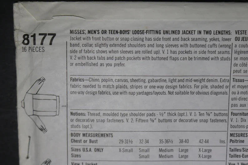 Simplicity 8177 Misses Mens or Teens Boys Loose Fitting Unlined Jacket in Two Lengths Sewing Pattern - UNCUT - Size XL