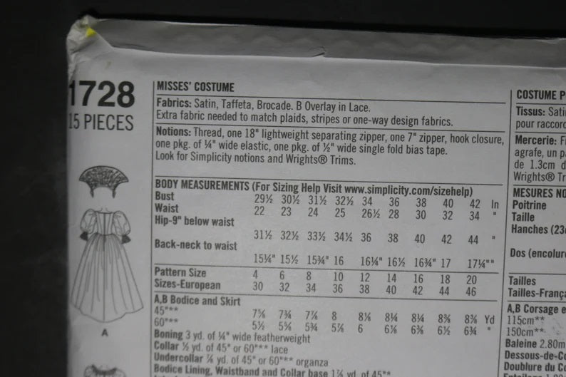 Simplicity 1728 Misses Costumes Sewing Pattern UNCUT - Size 4 6 8 10 12