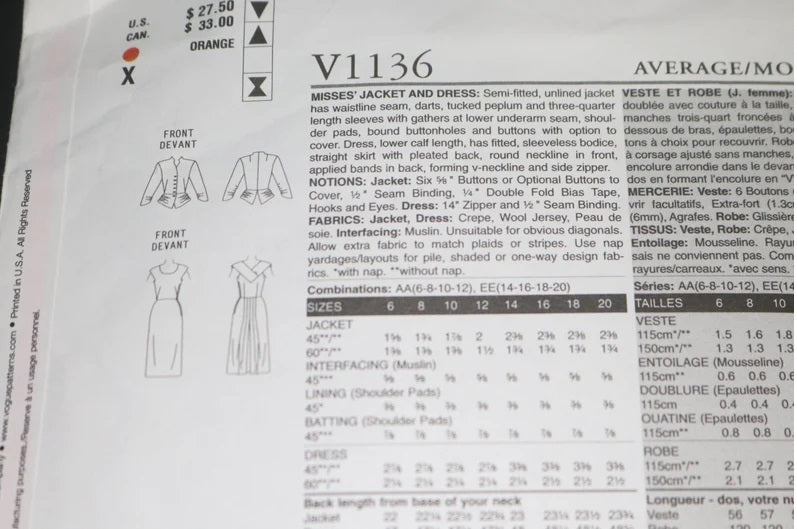 40s Vogue 1136 Misses Jacket and Dress Reproduction Sewing Pattern  - UNCUT - Size  8 10 12 14