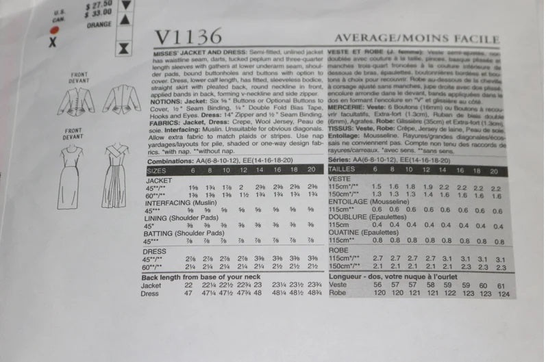 40s Vogue 1136 Misses Jacket and Dress Reproduction Sewing Pattern  - UNCUT - Size  8 10 12 14