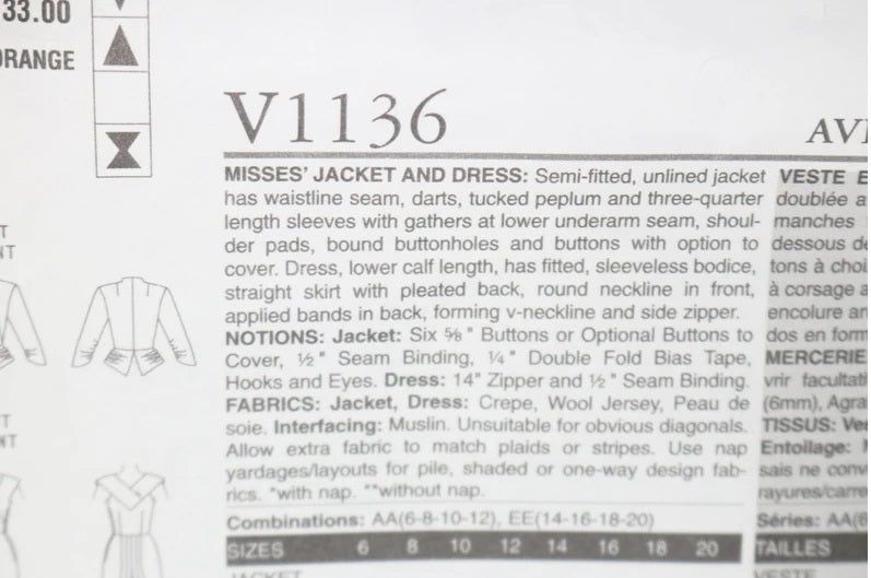 40s Vogue 1136 Misses Jacket and Dress Reproduction Sewing Pattern  - UNCUT - Size  8 10 12 14