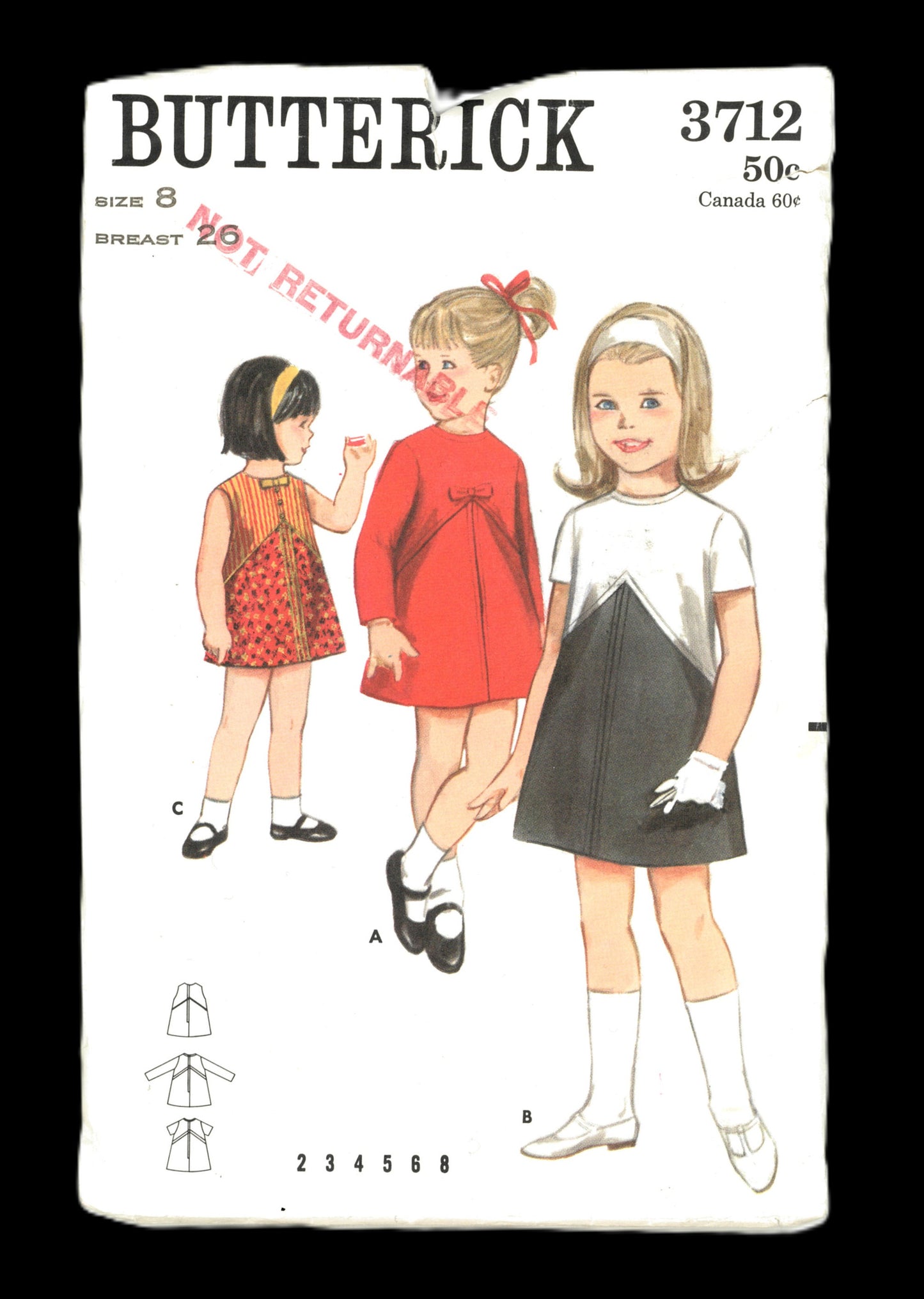 60s Butterick 3712 Girls Quick n Easy One Piece Dress Sewing Pattern - UNCUT Size 8  Breast 26
