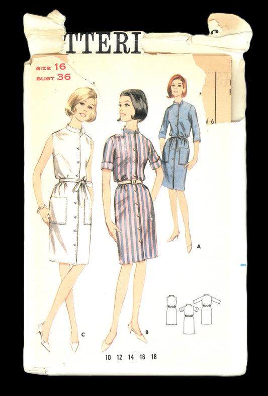 60s Butterick 3924 Misses One Piece Dress Sewing Pattern - UNCUT - Size 16 Bust 36