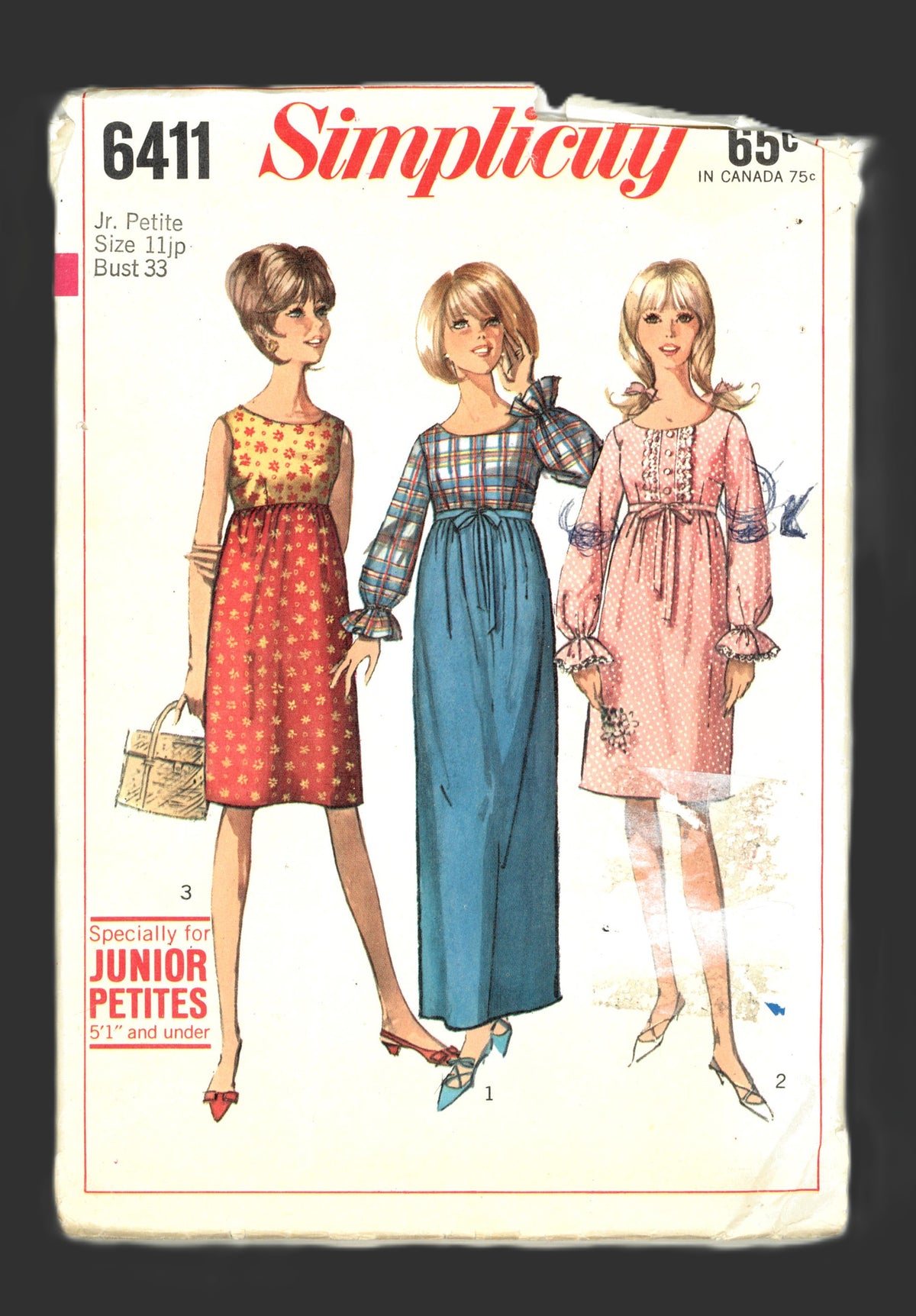 60s Simplicity 6411 Junior Petite One Piece Dress in Two lengths Sewing Pattern UNCUT Size 11jp Bust 33