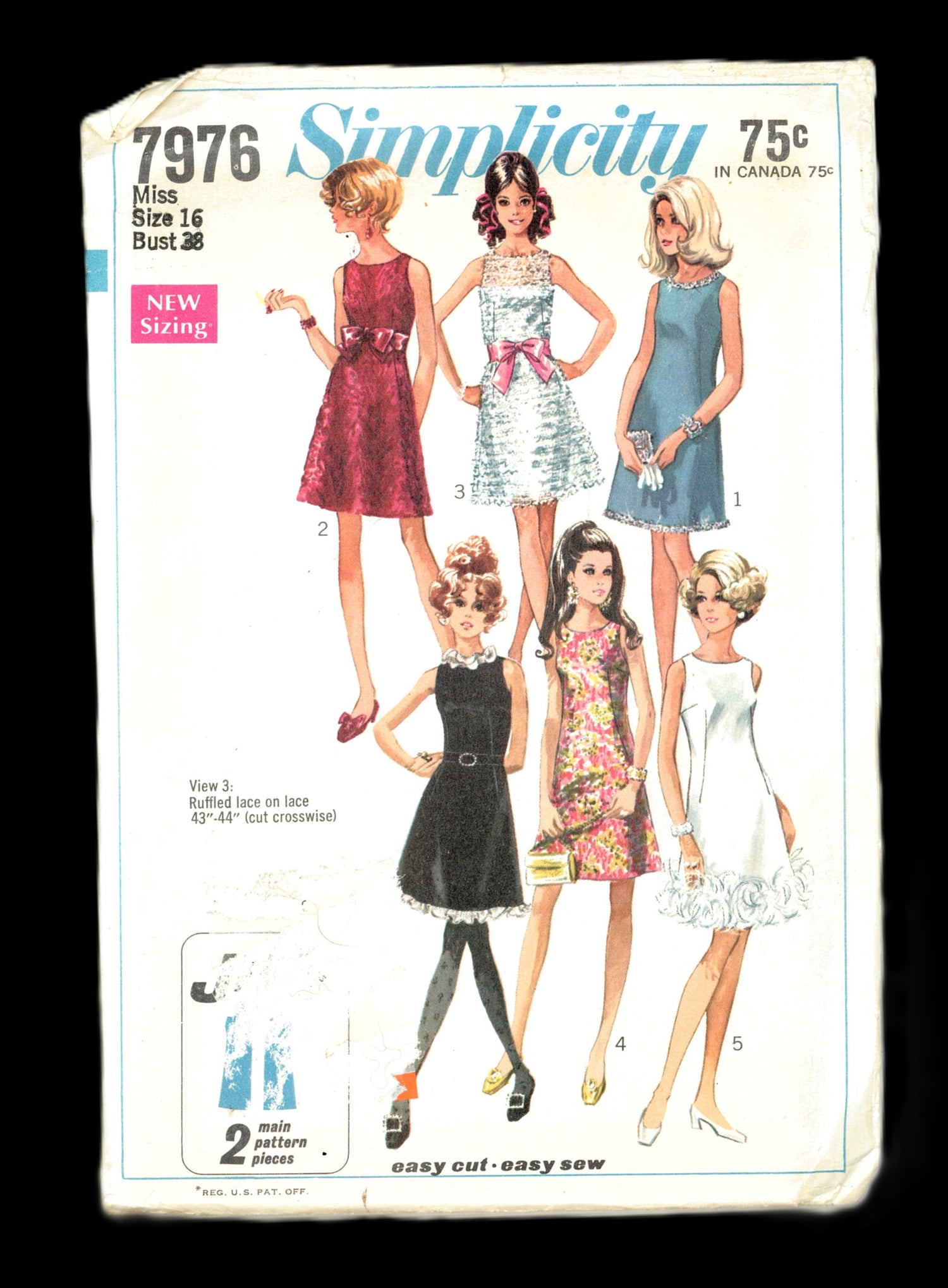 60s Simplicity 7976 Misses Jiffy Dress Sewing Pattern - UNCUT - Size 16 Bust 38