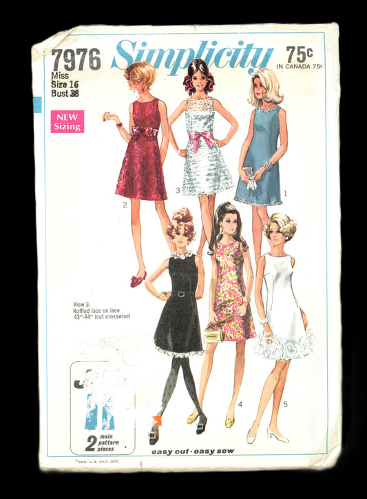 60s Simplicity 7976 Misses Jiffy Dress Sewing Pattern - UNCUT - Size 16 Bust 38