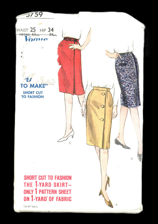 60s Vogue 5759 Misses Skirt Unprinted Sewing Pattern UNCUT Waist Size 25  Hip 34
