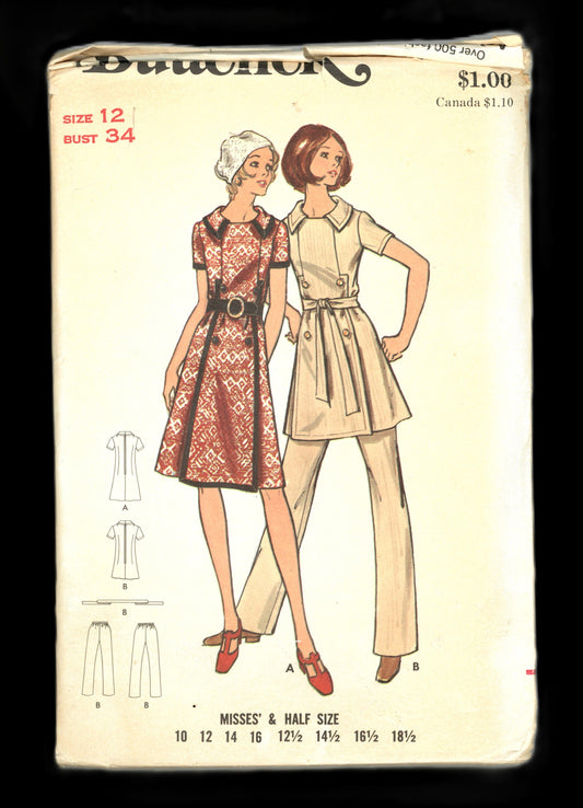 70s Butterick 6283 Misses Dress or Tunic and Pants Sewing Pattern