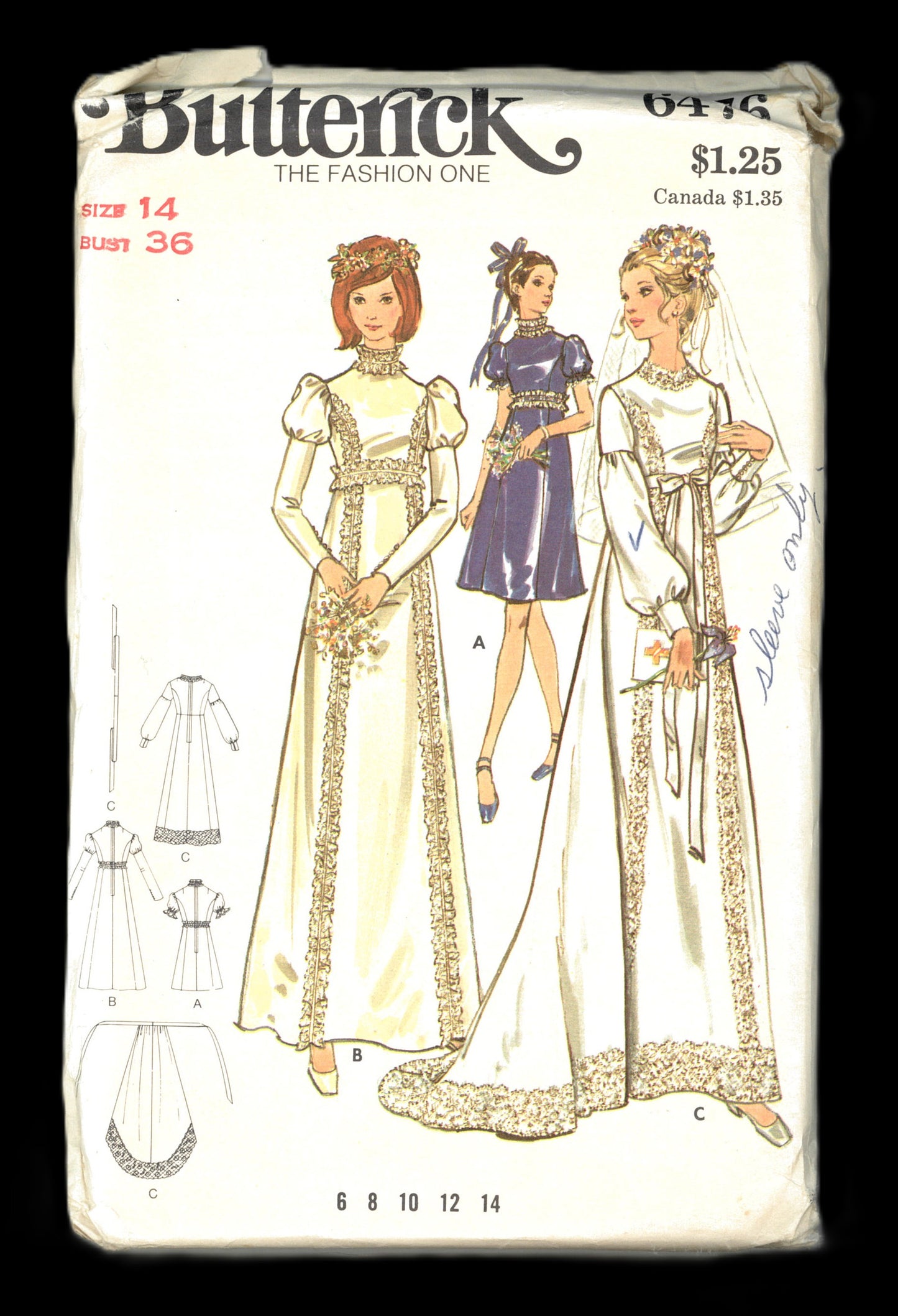 70s Butterick 6476 Misses Bridal Dress Sewing Pattern  UNCUT Size 14 Bust 36