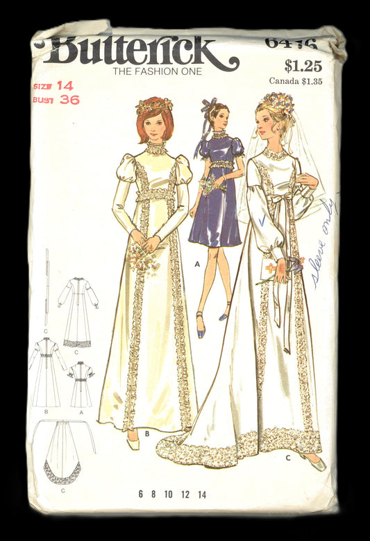 70s Butterick 6476 Misses Bridal Dress Sewing Pattern  UNCUT Size 14 Bust 36