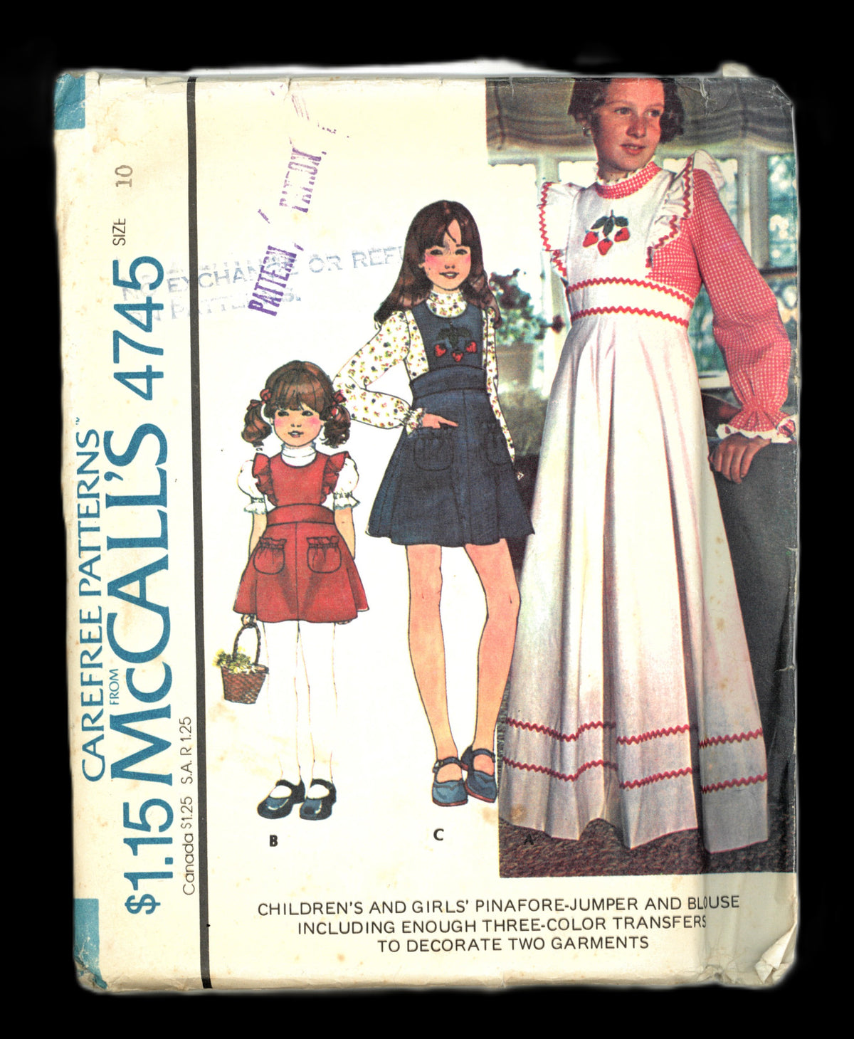 70s McCalls 4745 Girls Pinafore Jumper and Blouse with Three Color Iron transfers Sewing Pattern - UNCUT - Size 10