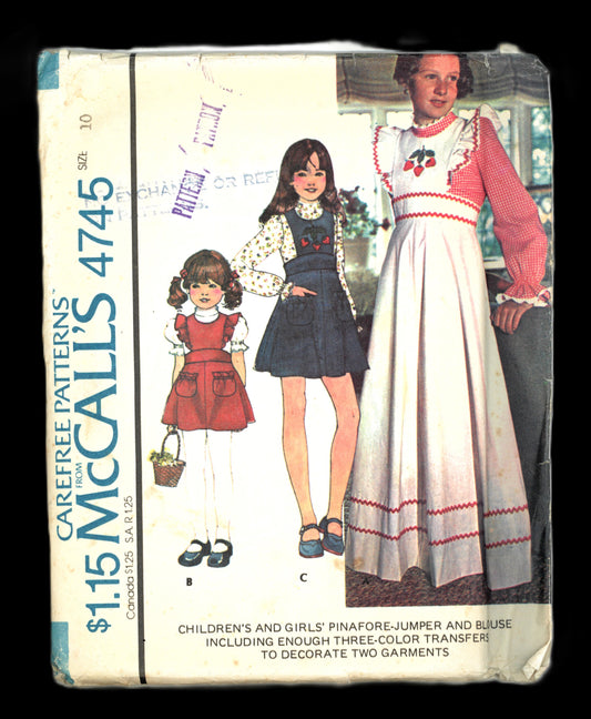 70s McCalls 4745 Girls Pinafore Jumper and Blouse with Three Color Iron transfers Sewing Pattern - UNCUT - Size 10