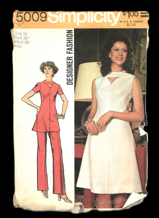 70s Simplicity 5009 Misses Dress or Tunic and Pants Sewing Pattern UNCUT Size 14 Bust 36" Waist 28"