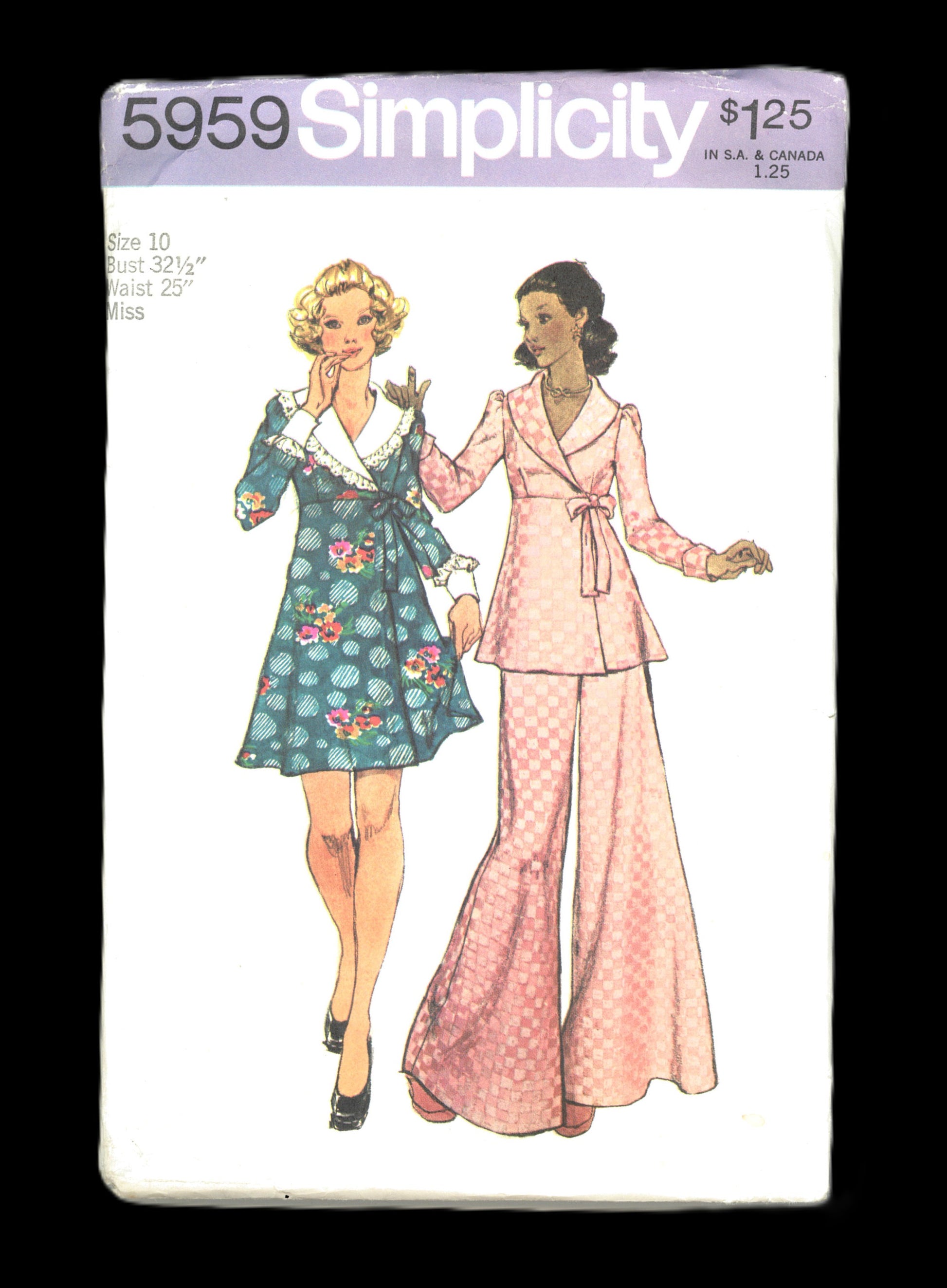70s Simplicity 5959  Misses' Short Front-Wrap Dress or Top and Pants Sewing Pattern UNCUT Size 10 Bust 32 1/2