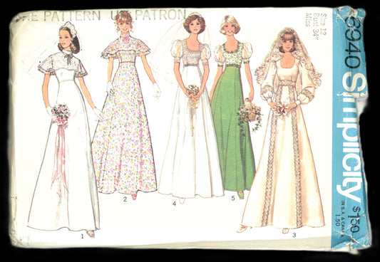 70s Simplicity 6940 Misses Bridal, Bridesmaid or Prom Dress Sewing Pattern - UNCUT - Size 12 Bust 34