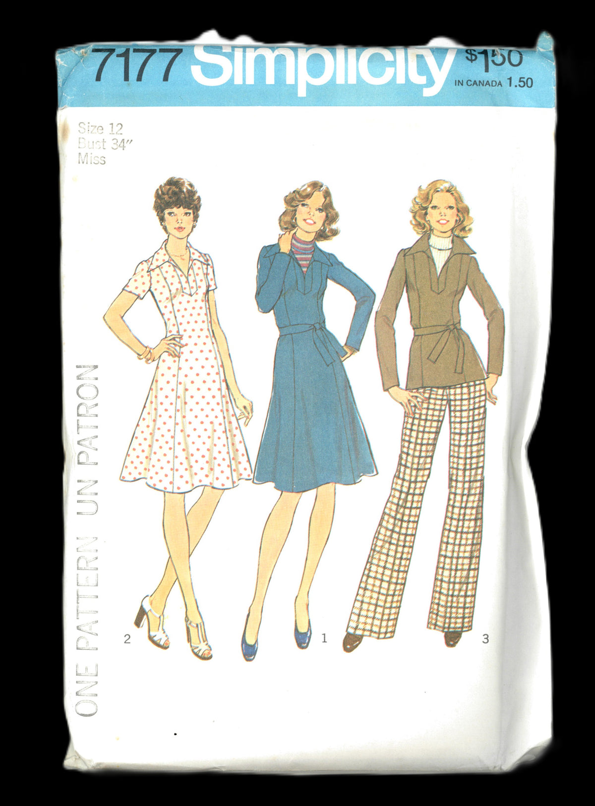 70s Simplicity 7177 Misses Dress or Top and Pants Sewing Pattern UNCUT Size 12 Bust 34"