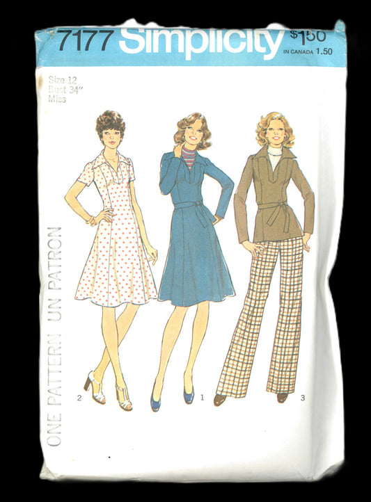 70s Simplicity 7177 Misses Dress or Top and Pants Sewing Pattern UNCUT Size 12 Bust 34"