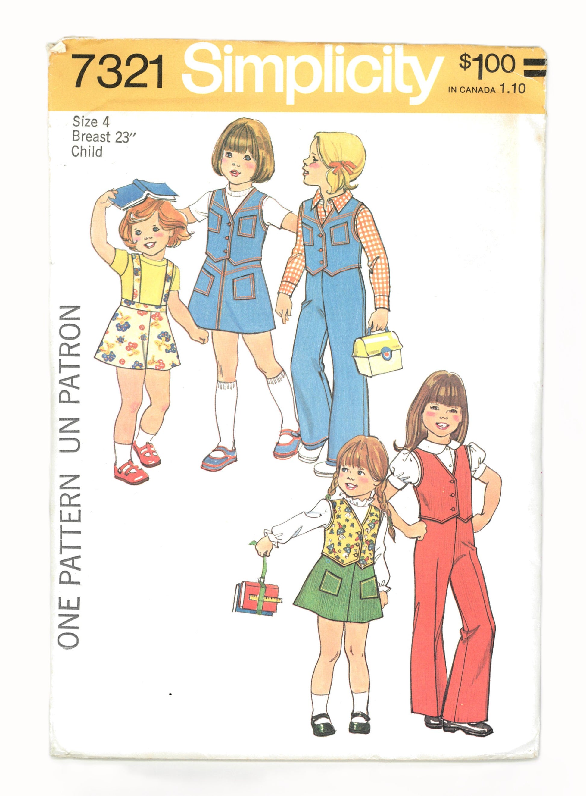 70s Simplicity 7321 Girls Vewst Skirt pants and Detachable Suspenders Sewing Pattern UNCUT Size 4 Size 5 or Size 6