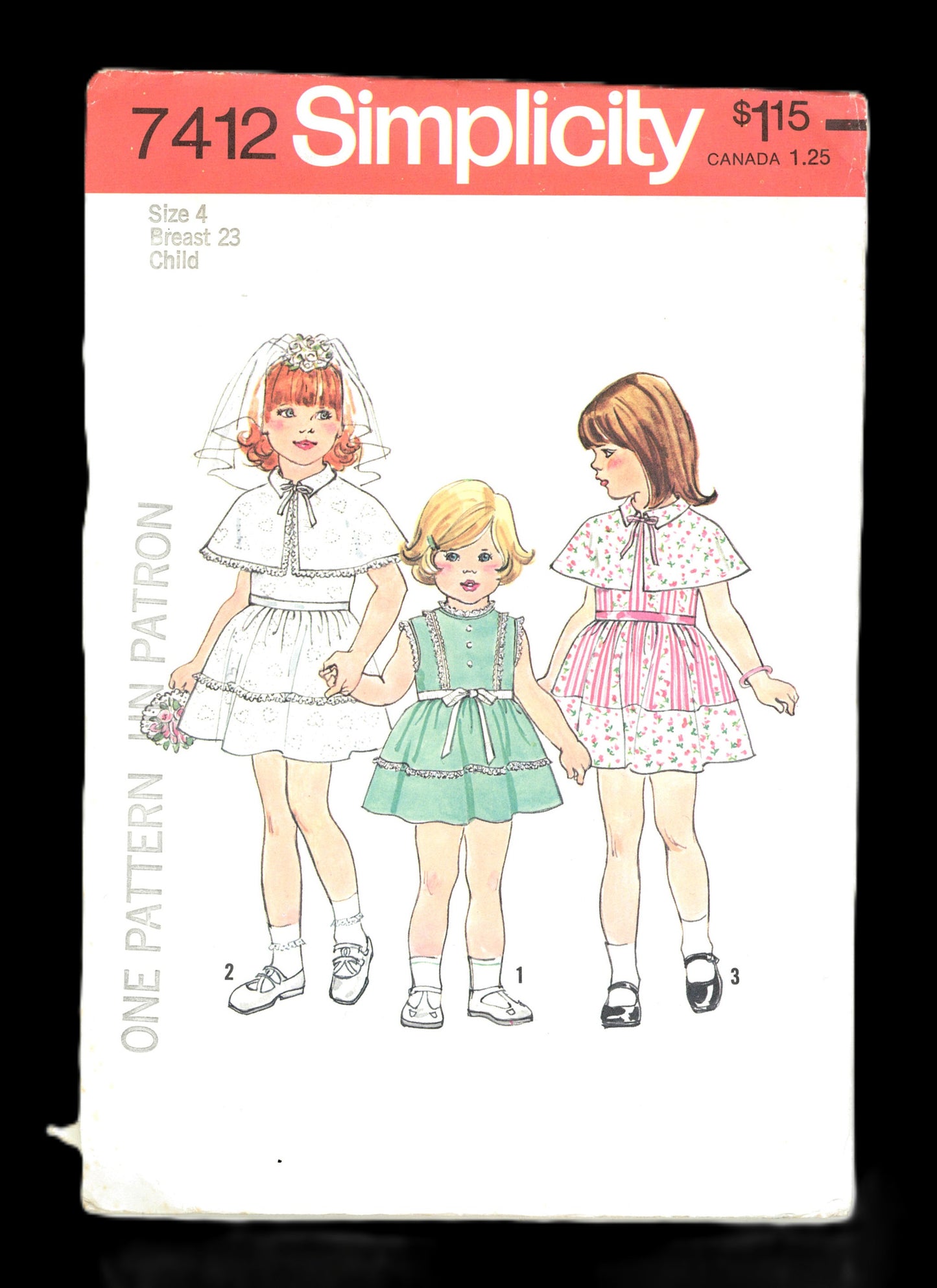 70s Simplicity 7412 Girls Dress and Caplet Sewing Pattern - UNCUT - Size 4