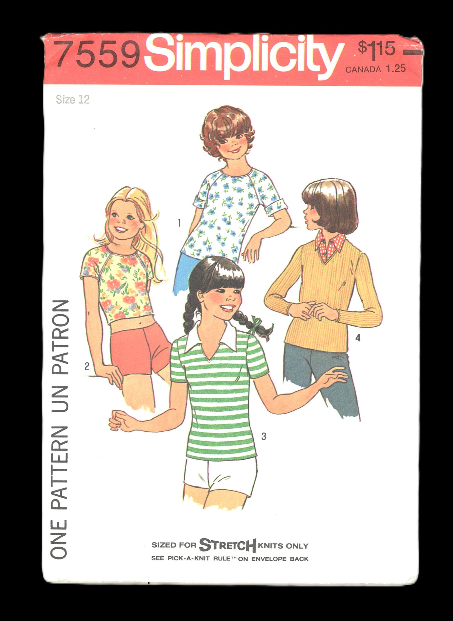 70s Simplicity 7559 Girls Pullover Tops  Sewing Pattern - UNCUT Size 12