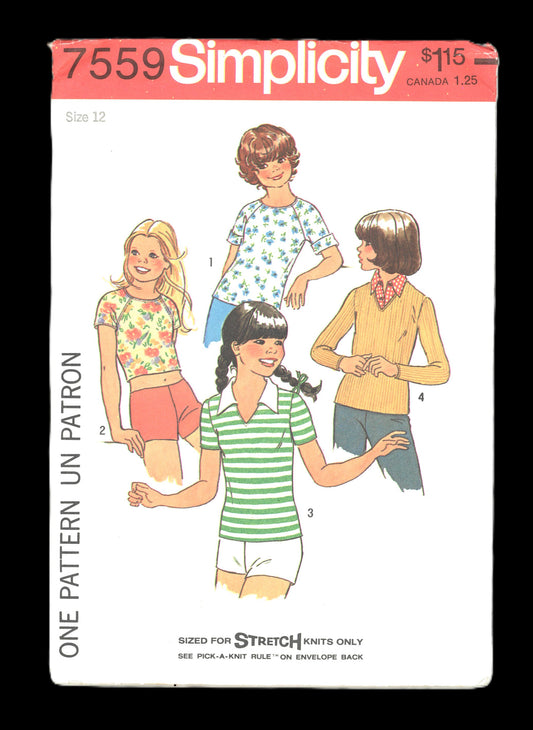 70s Simplicity 7559 Girls Pullover Tops  Sewing Pattern - UNCUT Size 12