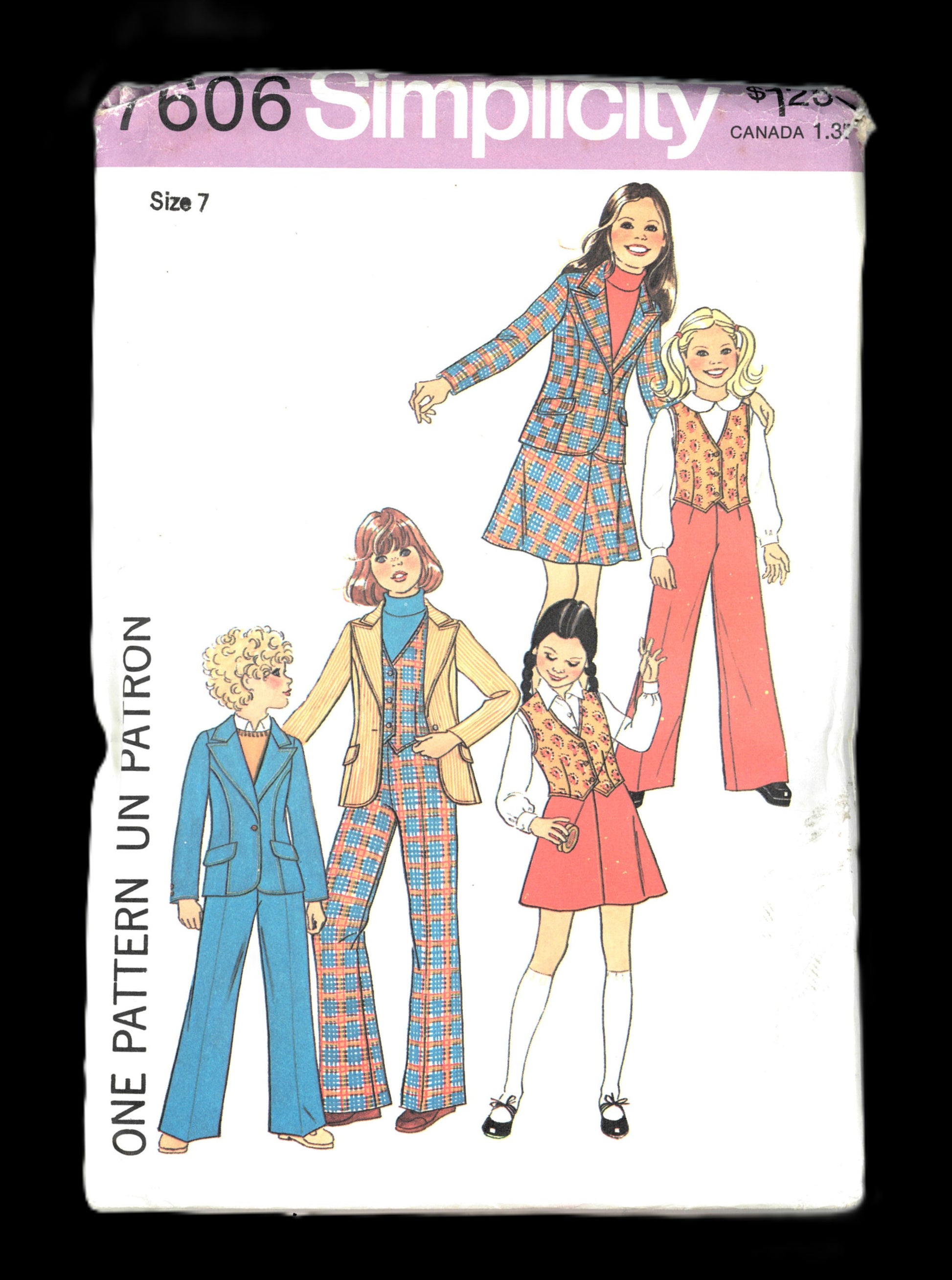 70s Simplicity 7606 Girls Unlined Jacket Vest Pants and Skirt Sewing Pattern - UNCUT Size 7 or Size 14