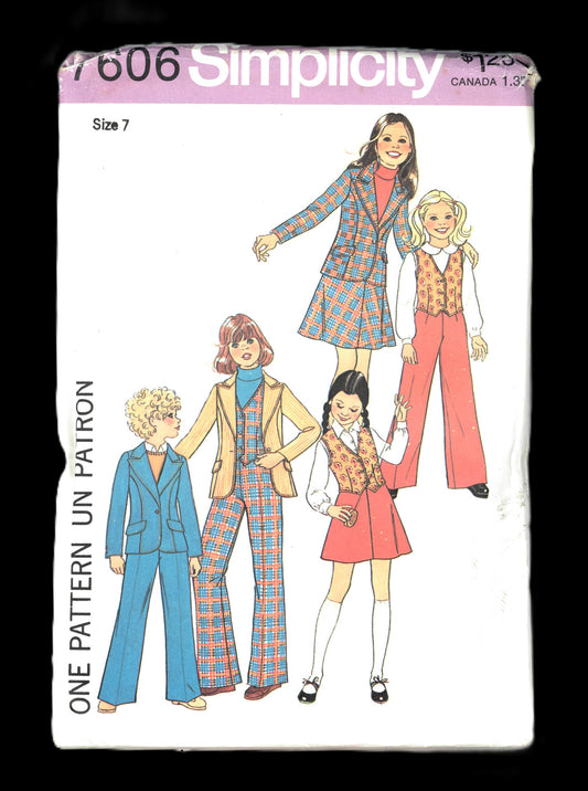 70s Simplicity 7606 Girls Unlined Jacket Vest Pants and Skirt Sewing Pattern - UNCUT Size 7 or Size 14