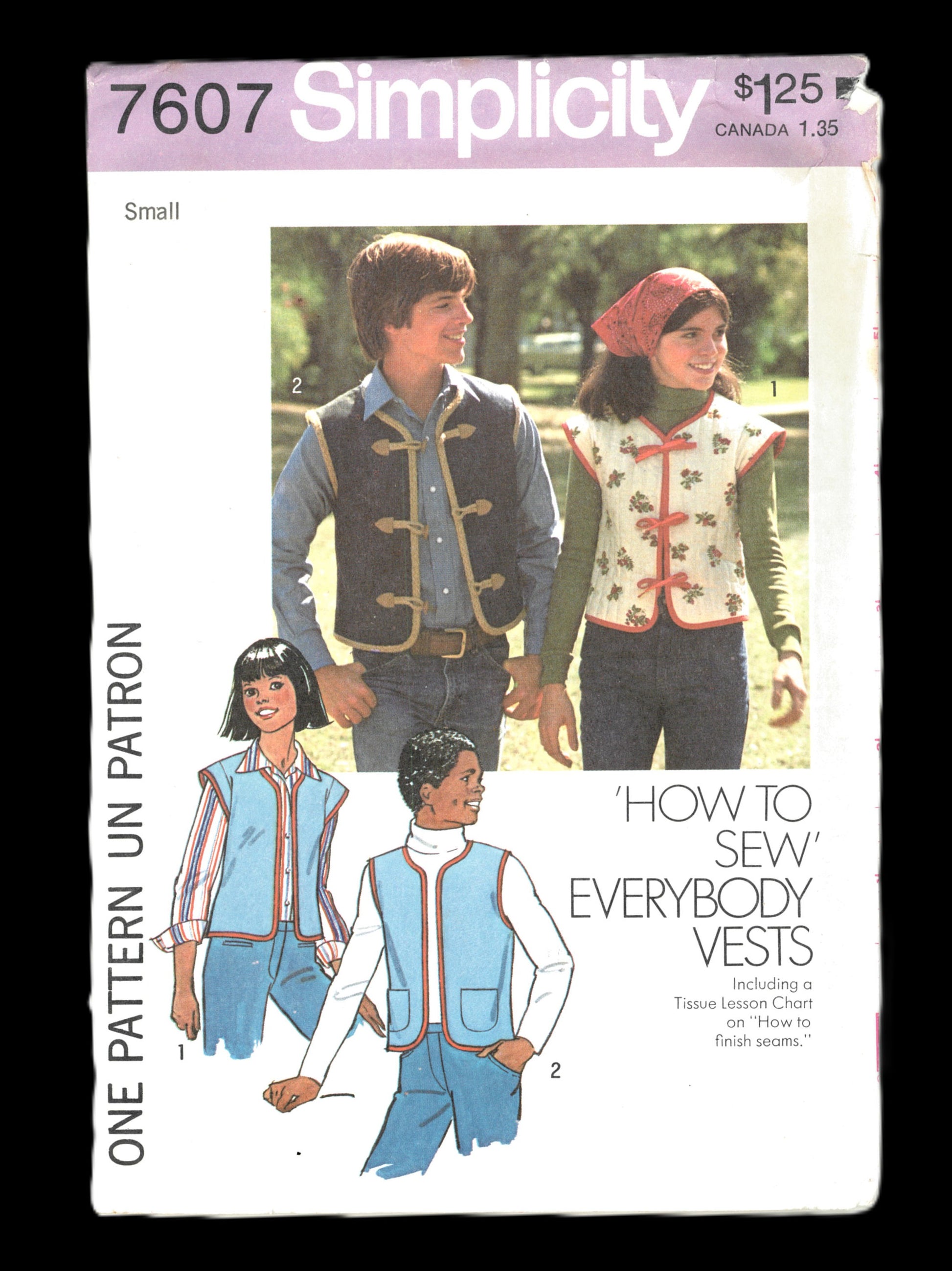70s Simplicity 7607 Everybody Unlined Vests Sewing Pattern UNCUT Size Small or Size Medium