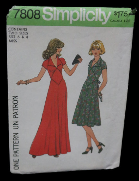 70s Simplicity 7808 Misses Dress in Two Lengths Sewing Pattern UNCUT  Size 6 & 8