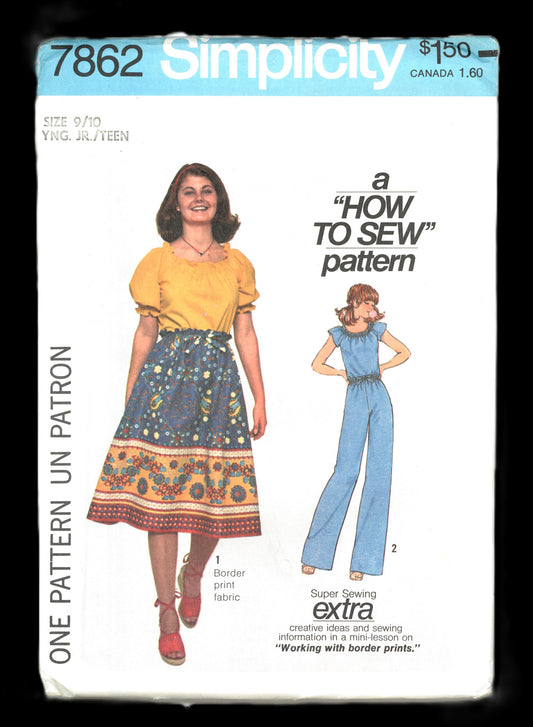 70s Simplicity 7862  Young Junior Teens Skirts Pants and Pull on Over Blouse Sewing Pattern  UNCUT Size 7/8 or Size 9/10 or Size 11/12 