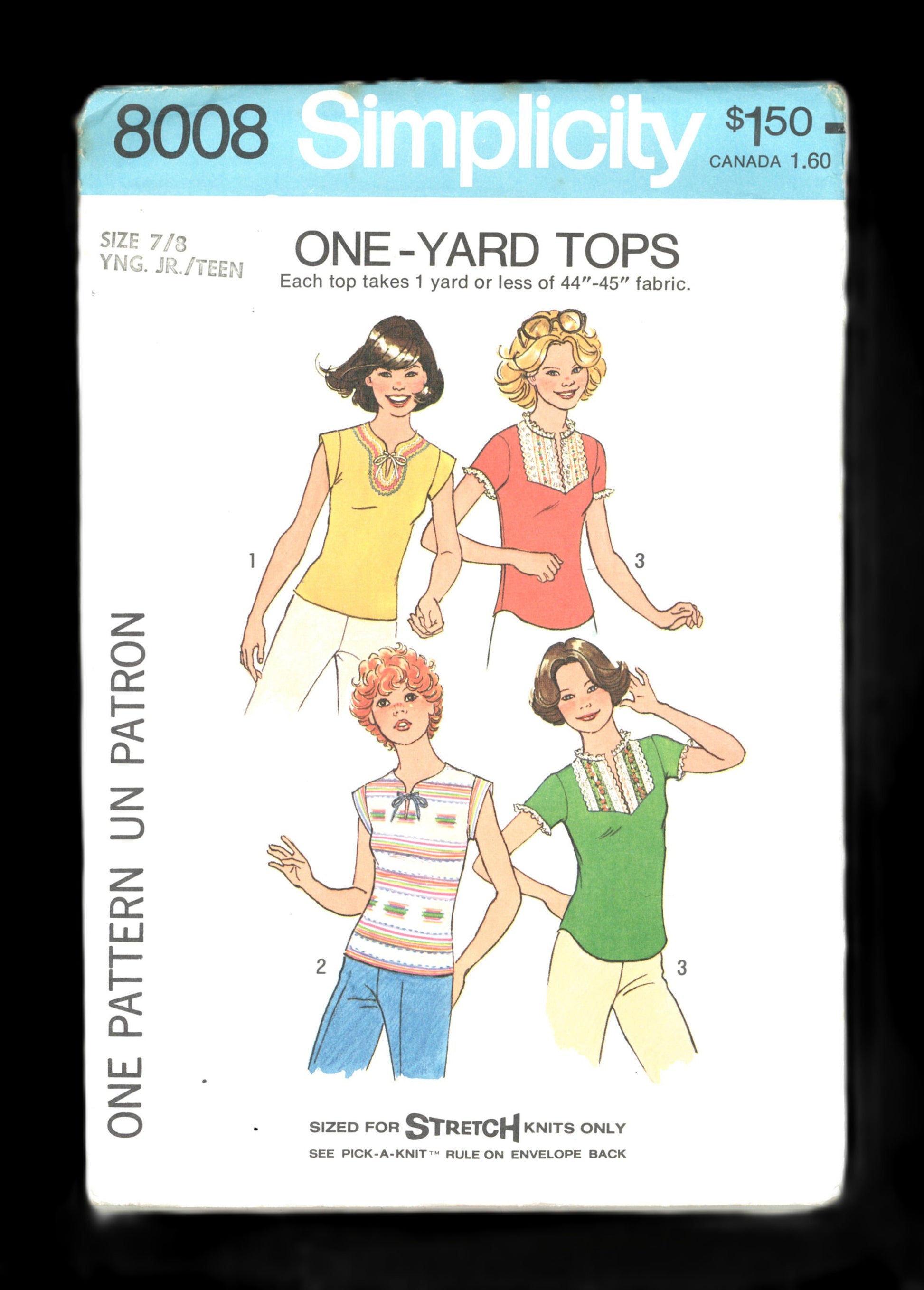70s Simplicity 8008 Young Junior Teens Pullover Tops Sewing Pattern  UNCUT Size 5/6 or Size 9/10